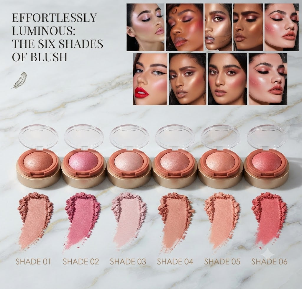 Floral Embossed Baked Shimmer Blush with Blending Brush Set Lightweight Long Lasting Multi-Use Makeup, Shimmery Pigment for Cheeks Eyes Face Portable Cosmetic Gift for Women