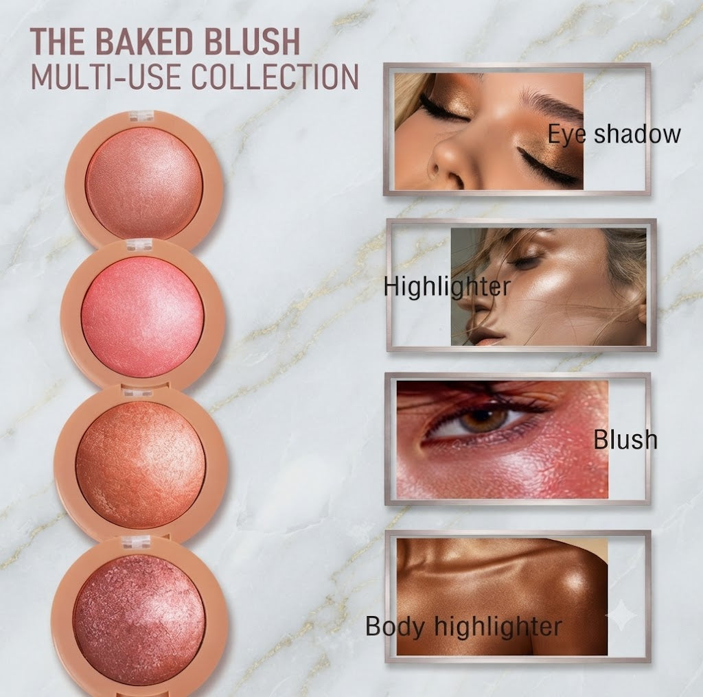Baked High Shine 2-in-1 Cheek Blush Pearlescent Fine Texture Natural Brightening Vivid Color Long Lasting Face Makeup, Terracotta Coffee Peach Pink Multi Shades Women Cosmetic Gift