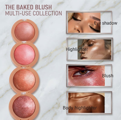 Baked High Shine 2-in-1 Cheek Blush Pearlescent Fine Texture Natural Brightening Vivid Color Long Lasting Face Makeup, Terracotta Coffee Peach Pink Multi Shades Women Cosmetic Gift