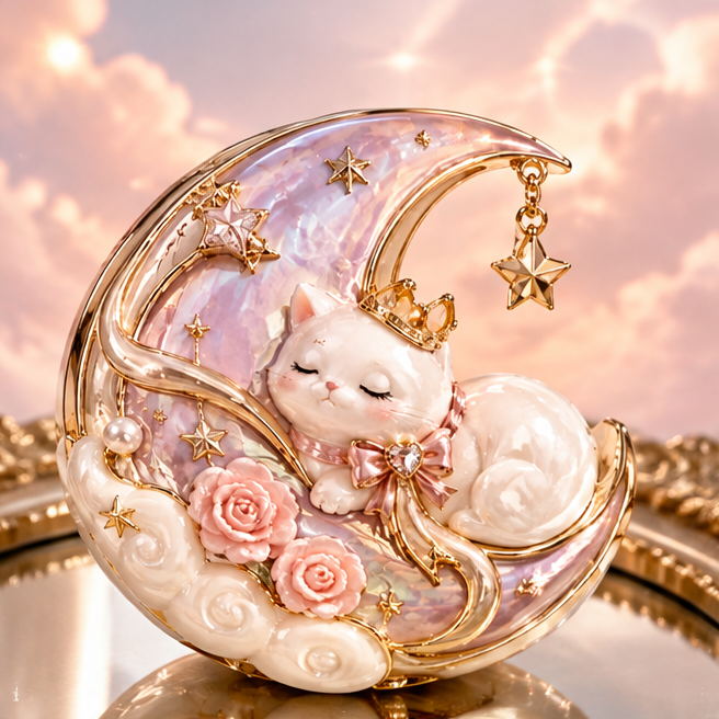 Celestial Dreams Embossed Powder Compact - Luxury Cat & Moon Multi-Tone Blush & Highlighter, Silk-Smooth Buildable Glow Makeup