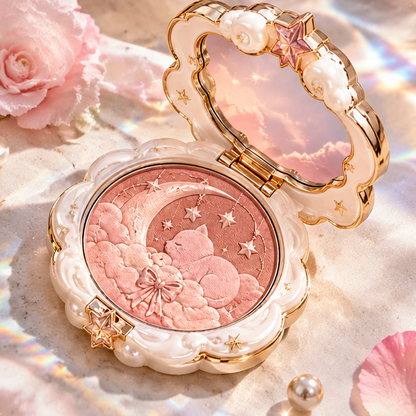 Celestial Dreams Embossed Powder Compact - Luxury Cat & Moon Multi-Tone Blush & Highlighter, Silk-Smooth Buildable Glow Makeup