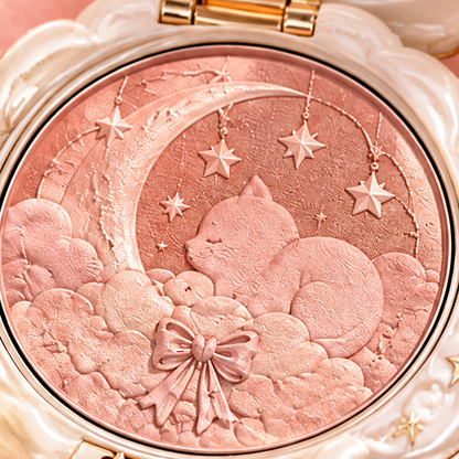 Celestial Dreams Embossed Powder Compact - Luxury Cat & Moon Multi-Tone Blush & Highlighter, Silk-Smooth Buildable Glow Makeup