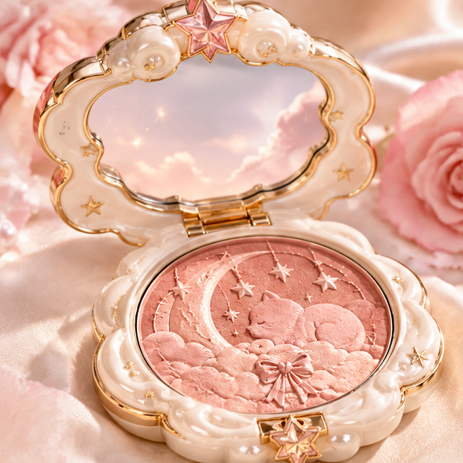 Celestial Dreams Embossed Powder Compact - Luxury Cat & Moon Multi-Tone Blush & Highlighter, Silk-Smooth Buildable Glow Makeup
