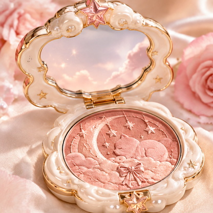 Celestial Dreams Embossed Powder Compact - Luxury Cat & Moon Multi-Tone Blush & Highlighter, Silk-Smooth Buildable Glow Makeup