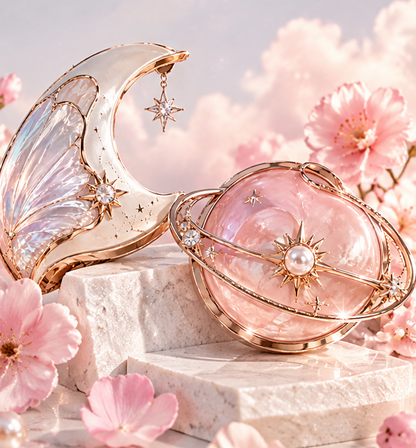 Celestial Moon Embossed Luxury Blush - Ethereal Cosmic Glow Powder with Hanging Star Charm