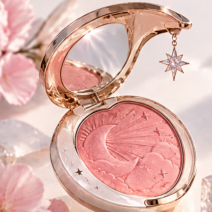 Celestial Moon Embossed Luxury Blush - Ethereal Cosmic Glow Powder with Hanging Star Charm
