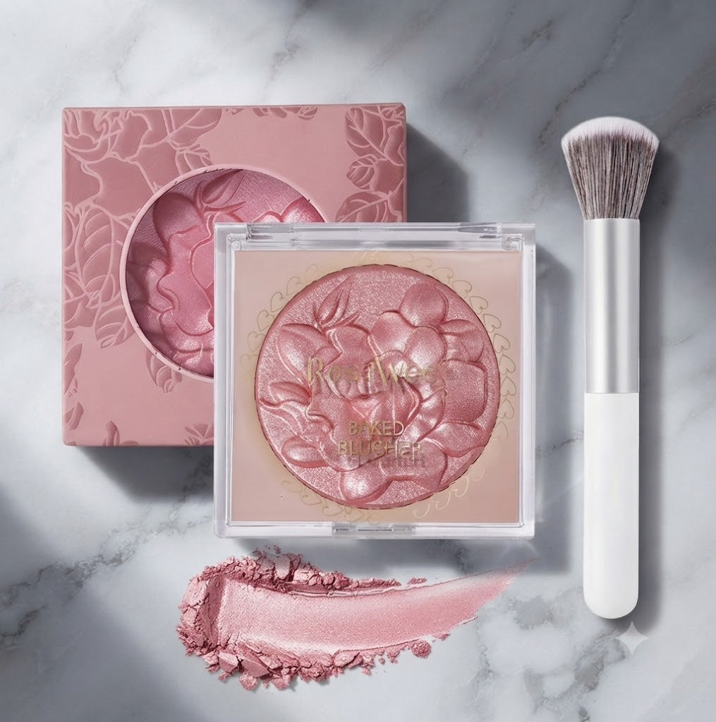 Floral Embossed Baked Shimmer Blush with Blending Brush Set Lightweight Long Lasting Multi-Use Makeup, Shimmery Pigment for Cheeks Eyes Face Portable Cosmetic Gift for Women