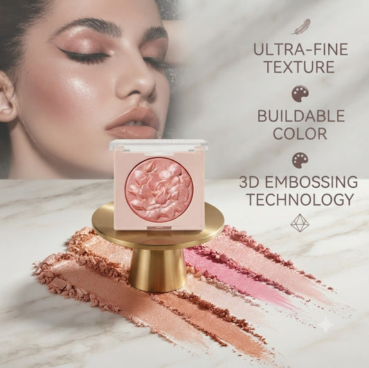 Floral Embossed Baked Shimmer Blush with Blending Brush Set Lightweight Long Lasting Multi-Use Makeup, Shimmery Pigment for Cheeks Eyes Face Portable Cosmetic Gift for Women