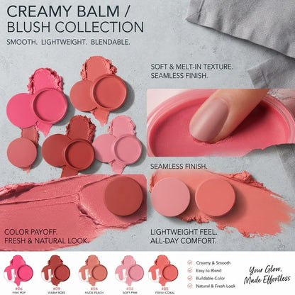 Velvety Mousse 5-Color Cream Blush Oil-Free Waterproof Long Lasting Smudge-Proof Matte Blush Lightweight Natural Glow Flawless Skin Summer Outdoor Must-Have Cosmetic