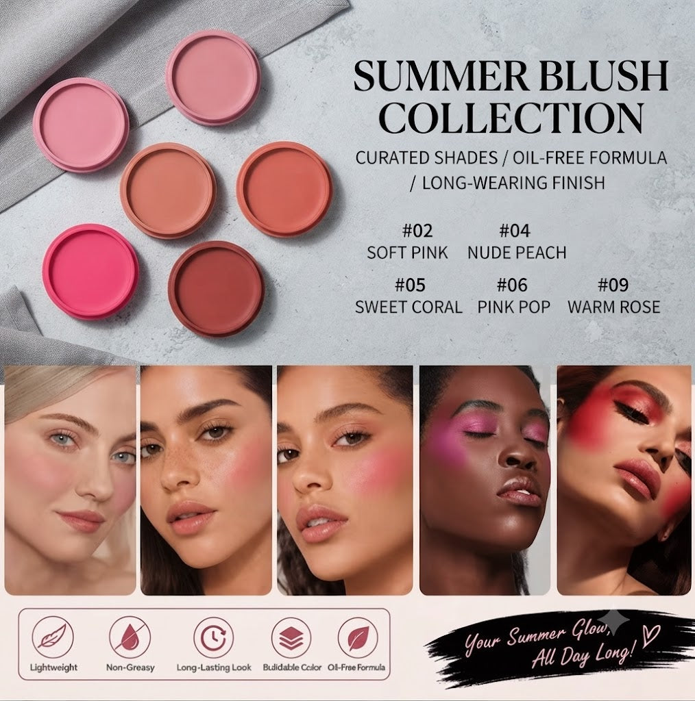 Velvety Mousse 5-Color Cream Blush Oil-Free Waterproof Long Lasting Smudge-Proof Matte Blush Lightweight Natural Glow Flawless Skin Summer Outdoor Must-Have Cosmetic